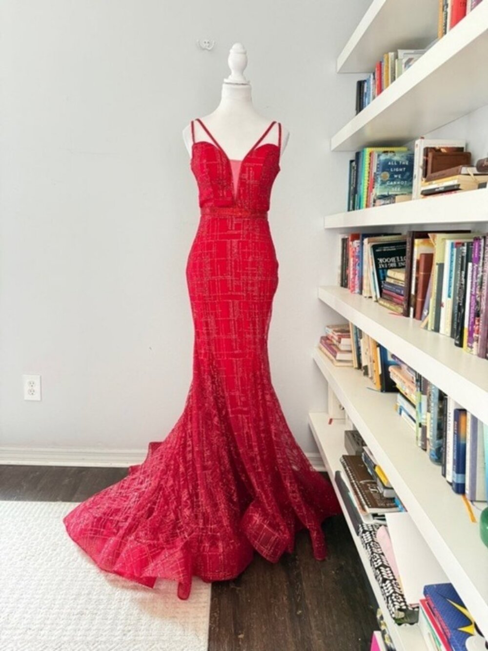 Jovani Deep Red Beaded Mermaid Prom Backless Gown with Double Straps sz 0